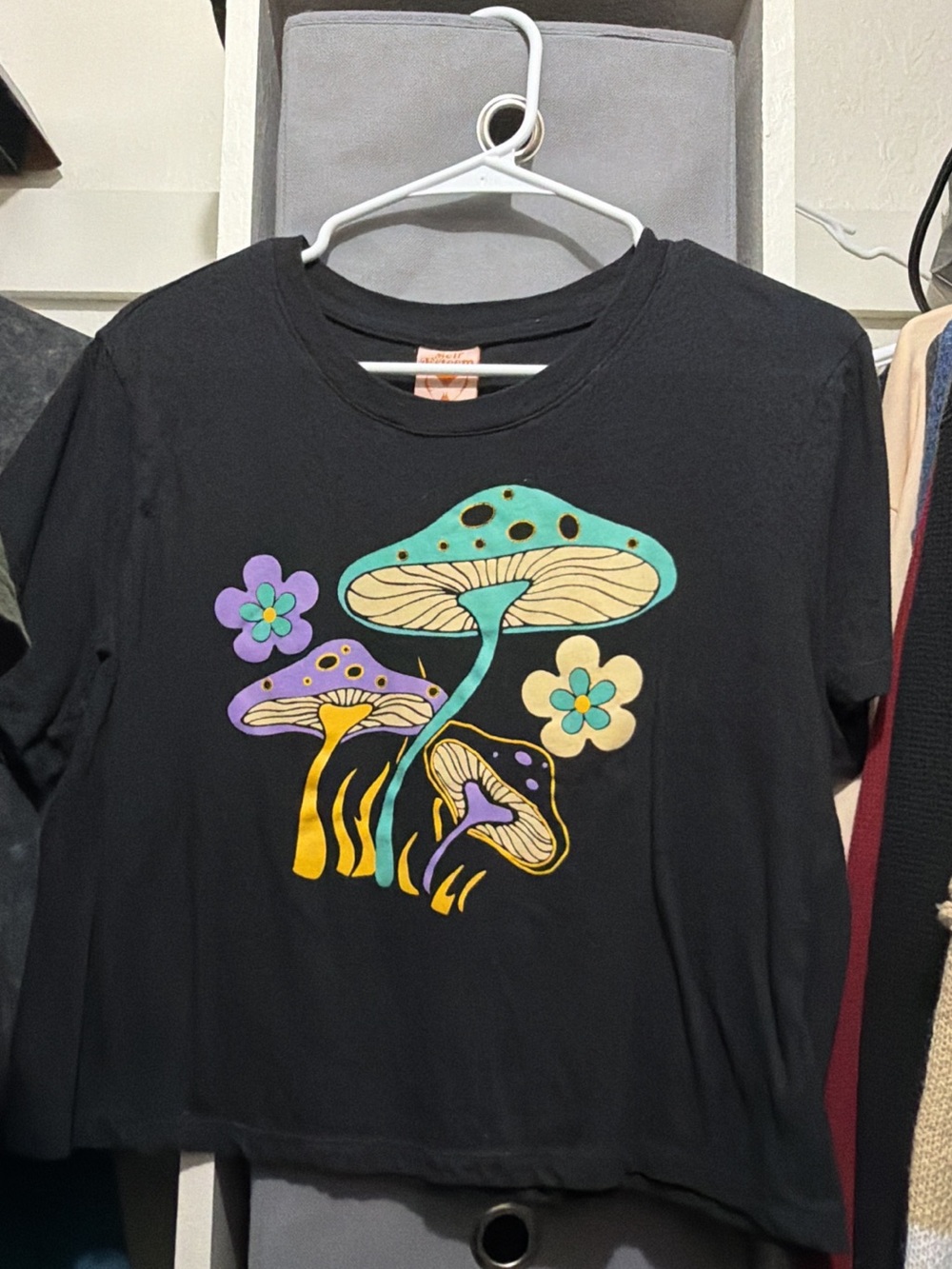 Fifth Sun Black Crop Top with Teal, Purple & Yellow Mushroom Graphic